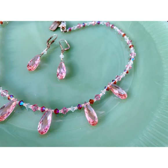 Sterling Silver Pink AB Glass Bead Necklace earrings Set - Picture 6 of 11